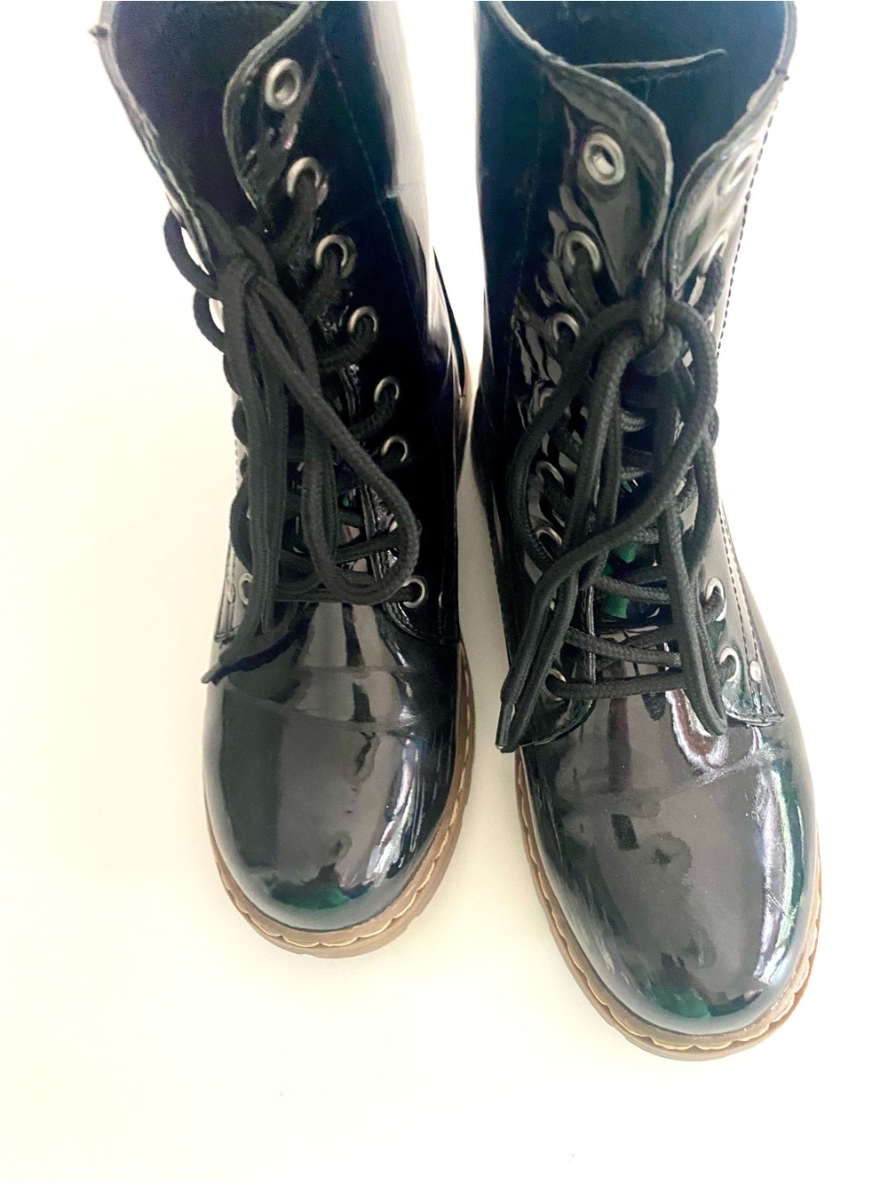 Womens Faux Black Patent Lace-Up Combat Boots